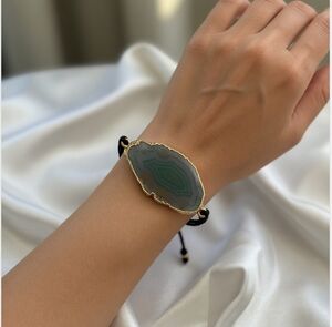 Golden Framed Agate Slice Bracelet Black Cord Boho Gypsy Southern Style VG